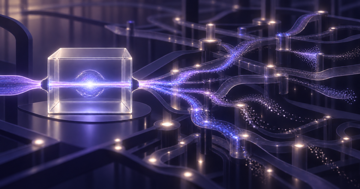 A clean purple data stream passes through a transparent test box before splitting and scattering across a complex network of pathways.