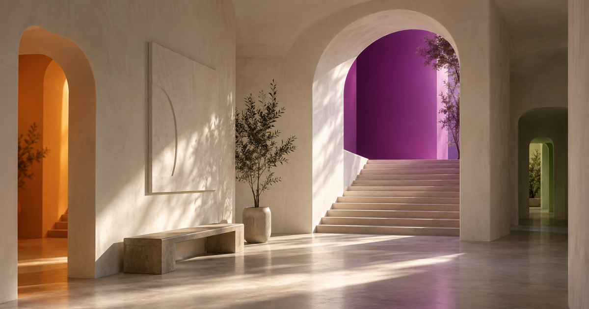 Several colored passages surround a prominent central staircase, representing competing website actions organized around one clear priority.