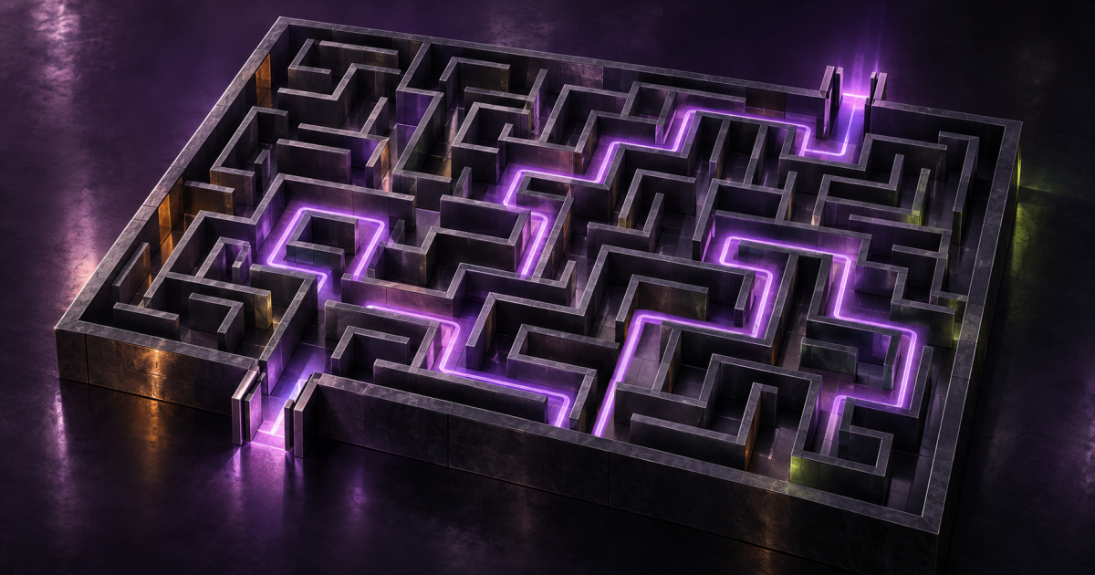 A glowing purple path winds through a dark maze, taking wrong turns and doubling back before reaching the destination.