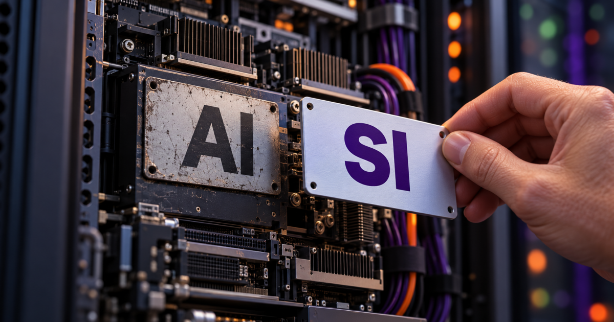 A hand replaces an AI label with an SI label on unchanged computer hardware.
