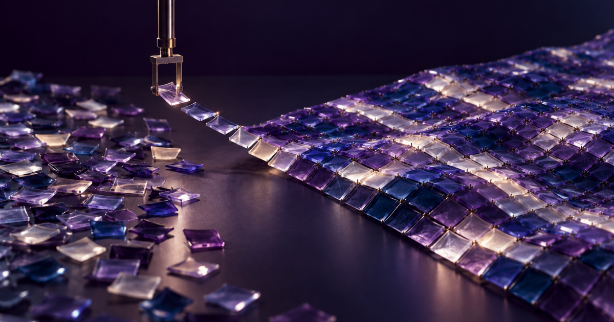 A machine selects individual glass tiles and assembles them into a complex surface, illustrating how one prediction at a time can produce a coherent result.