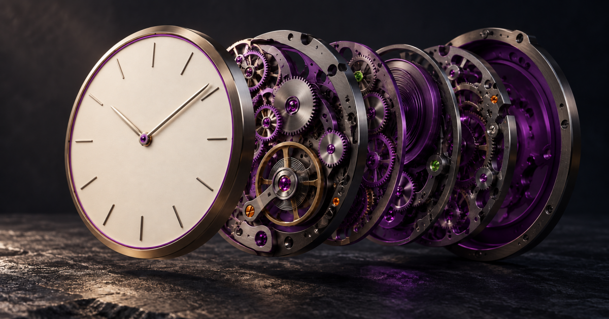 A clean watch face in front of an intricate purple mechanical movement with subtle green and orange accents.