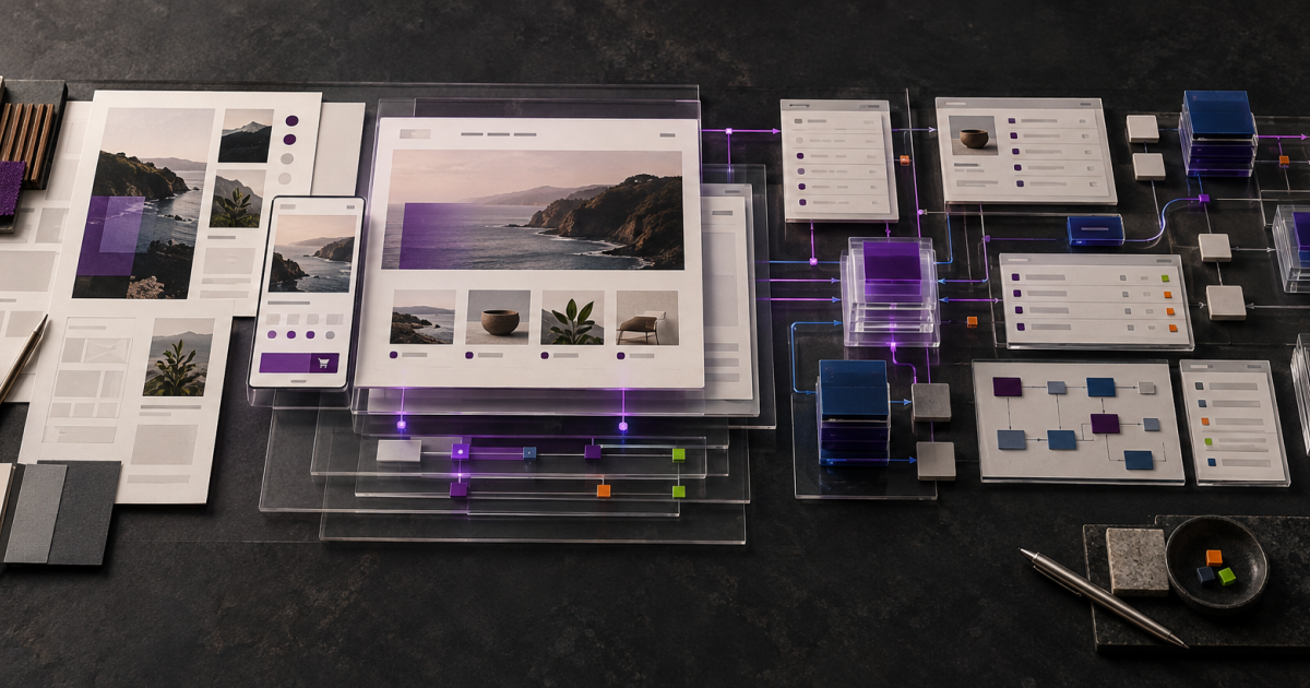 Digital experience designs connected to product data, applications, integrations, and backend systems on a shared workspace.