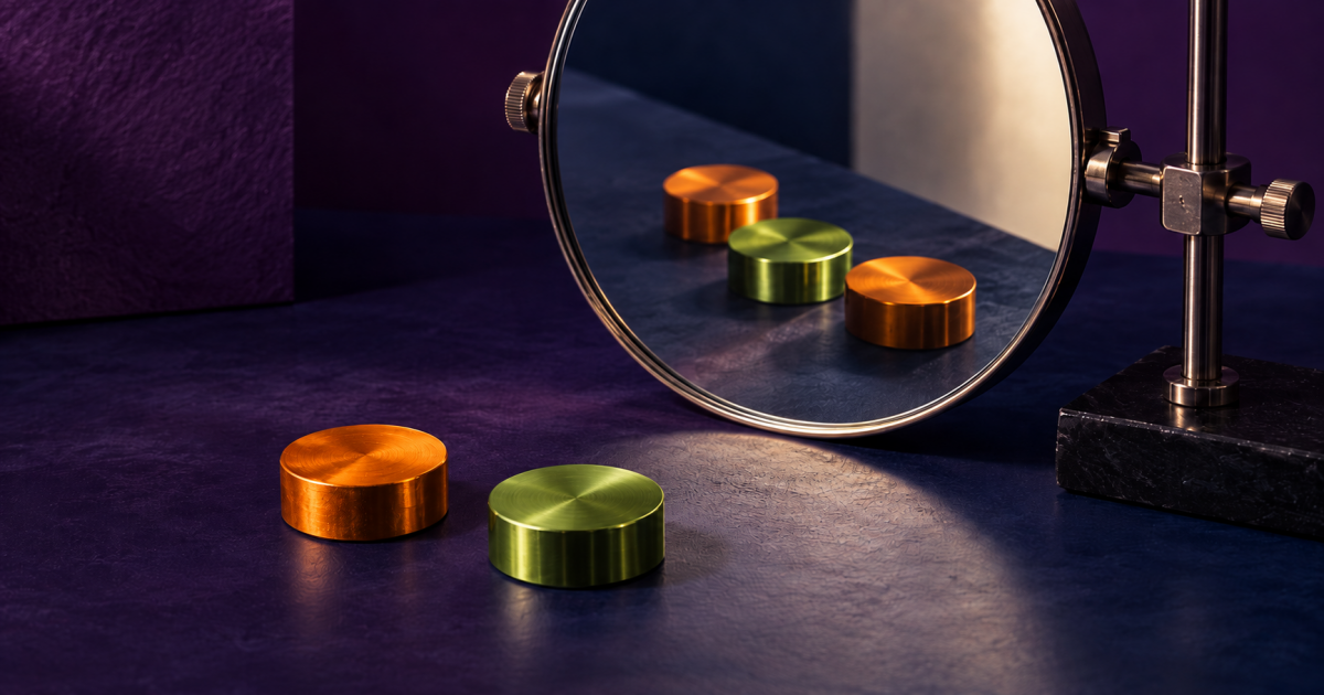 Two metal finish samples sit before an angled mirror that makes them appear as three.